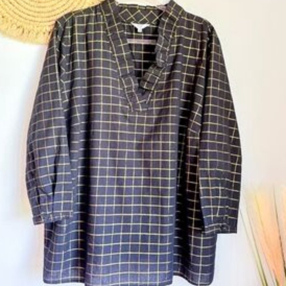 Crown & Ivy, Black & Metallic Gold Plaid Ruffle Neck Popover Shirt, Size 3X